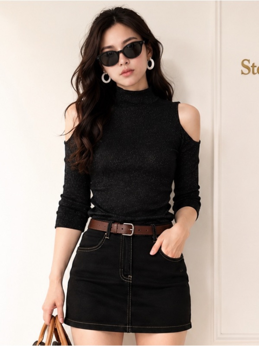 Women’s Black Mock Neck Cold Shoulder Fitted Top
